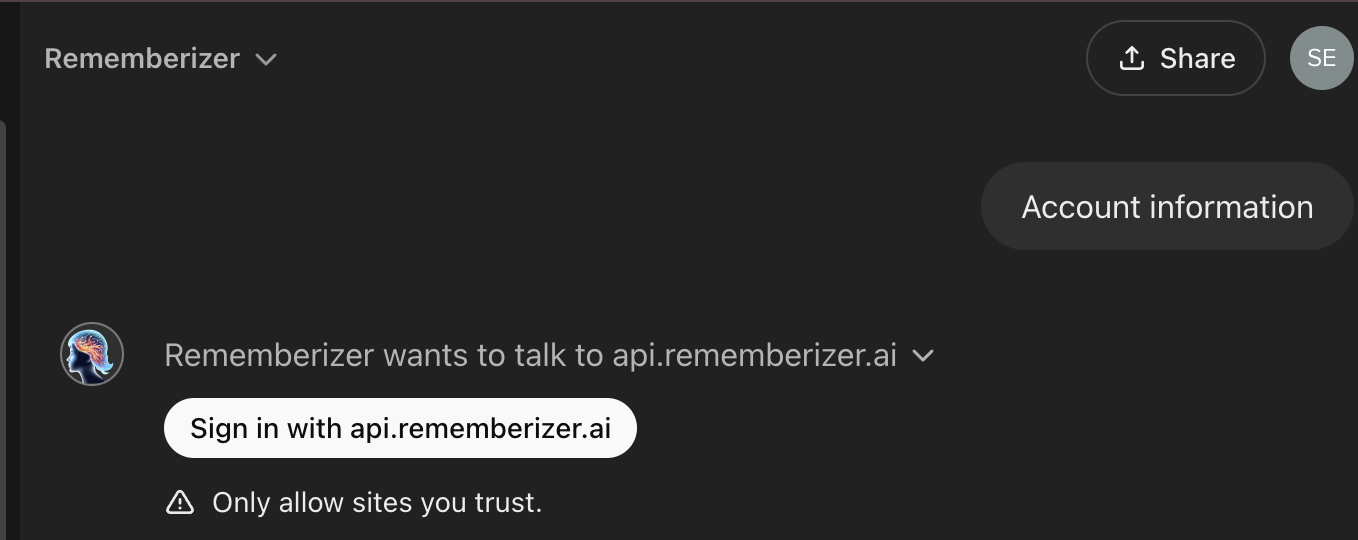 Demande de connexion de l'application Rememberizer GPT