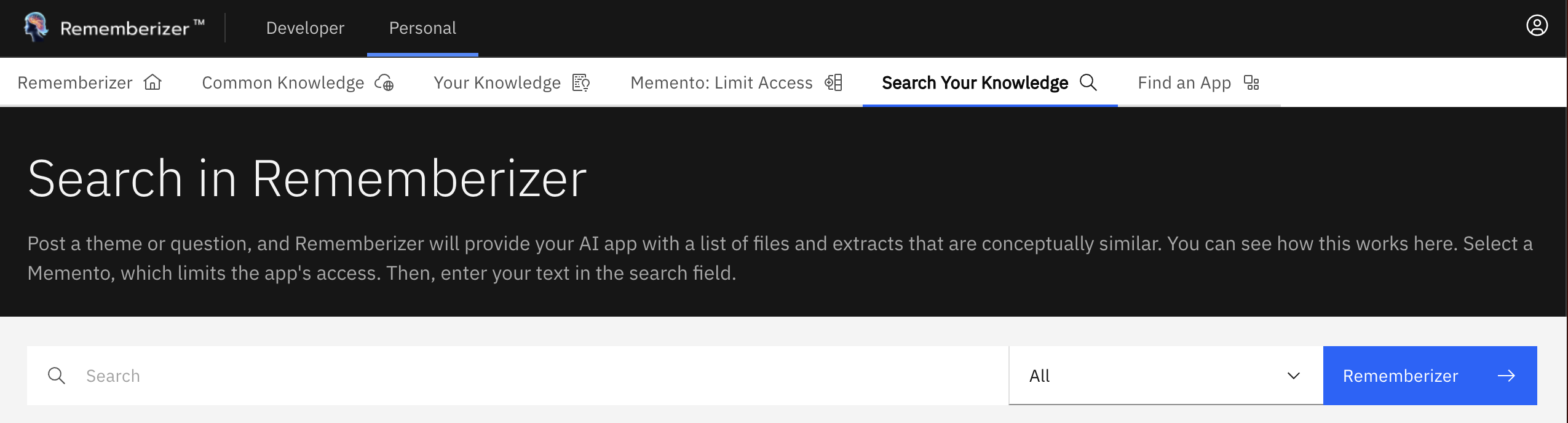 page de recherche rememberizer