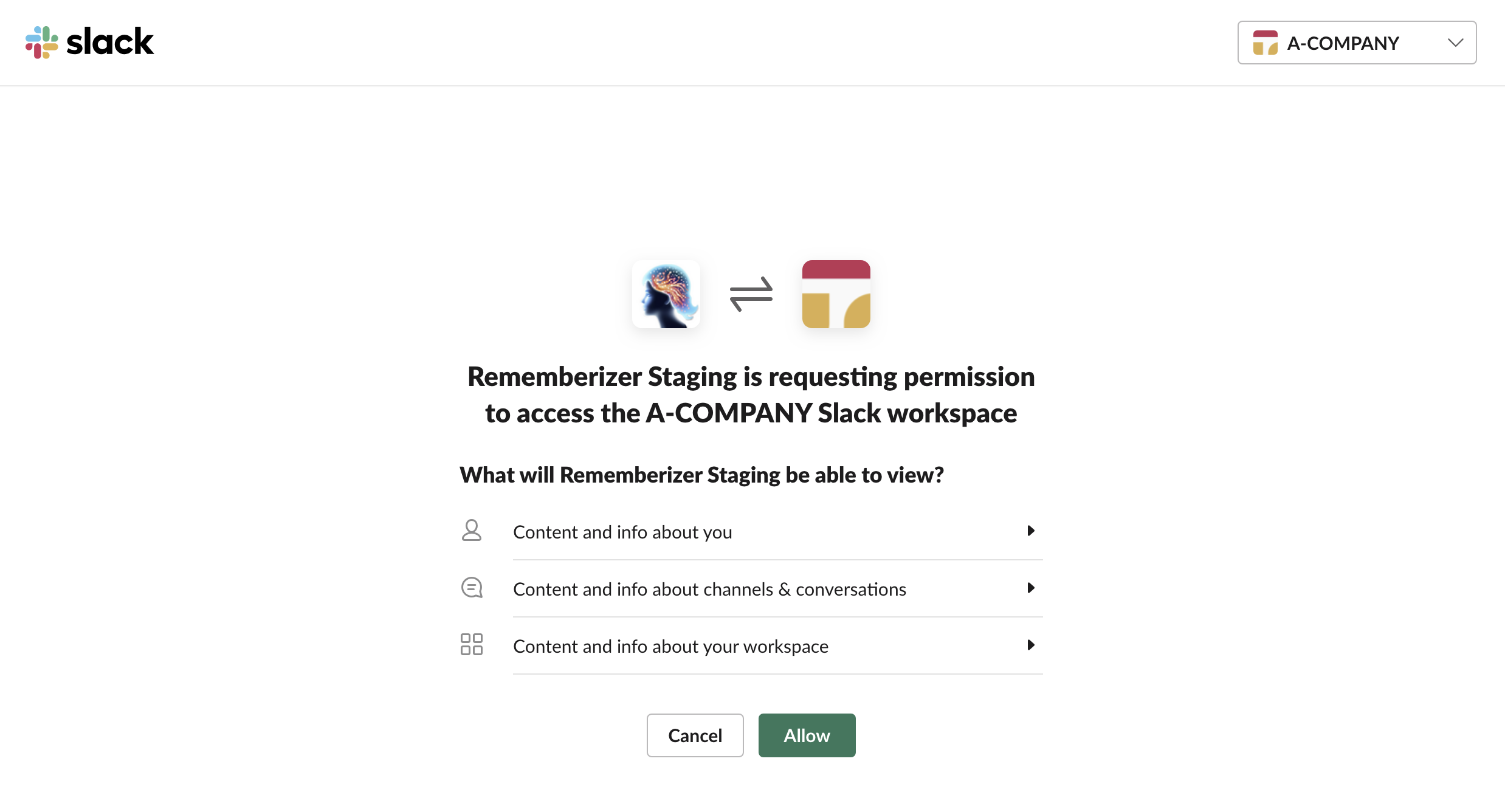 Écran d'autorisation Slack OAuth