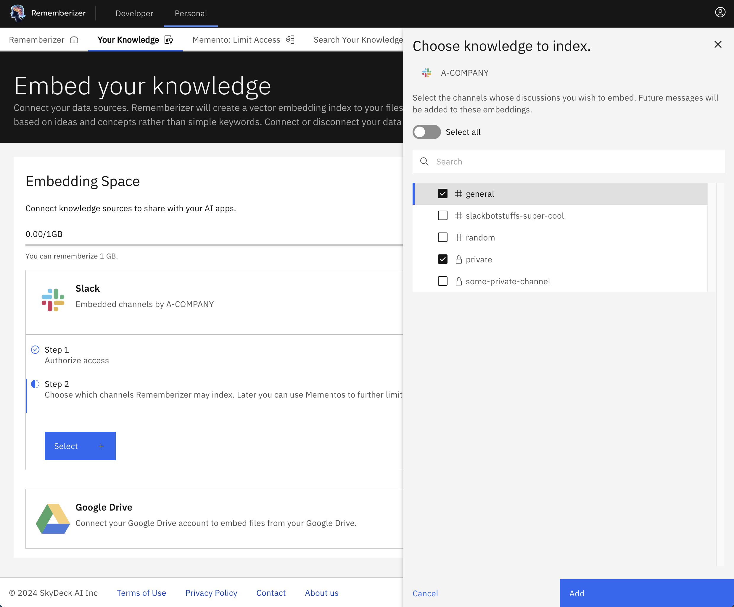 Sélectionnez les canaux à intégrer en tant que connaissances