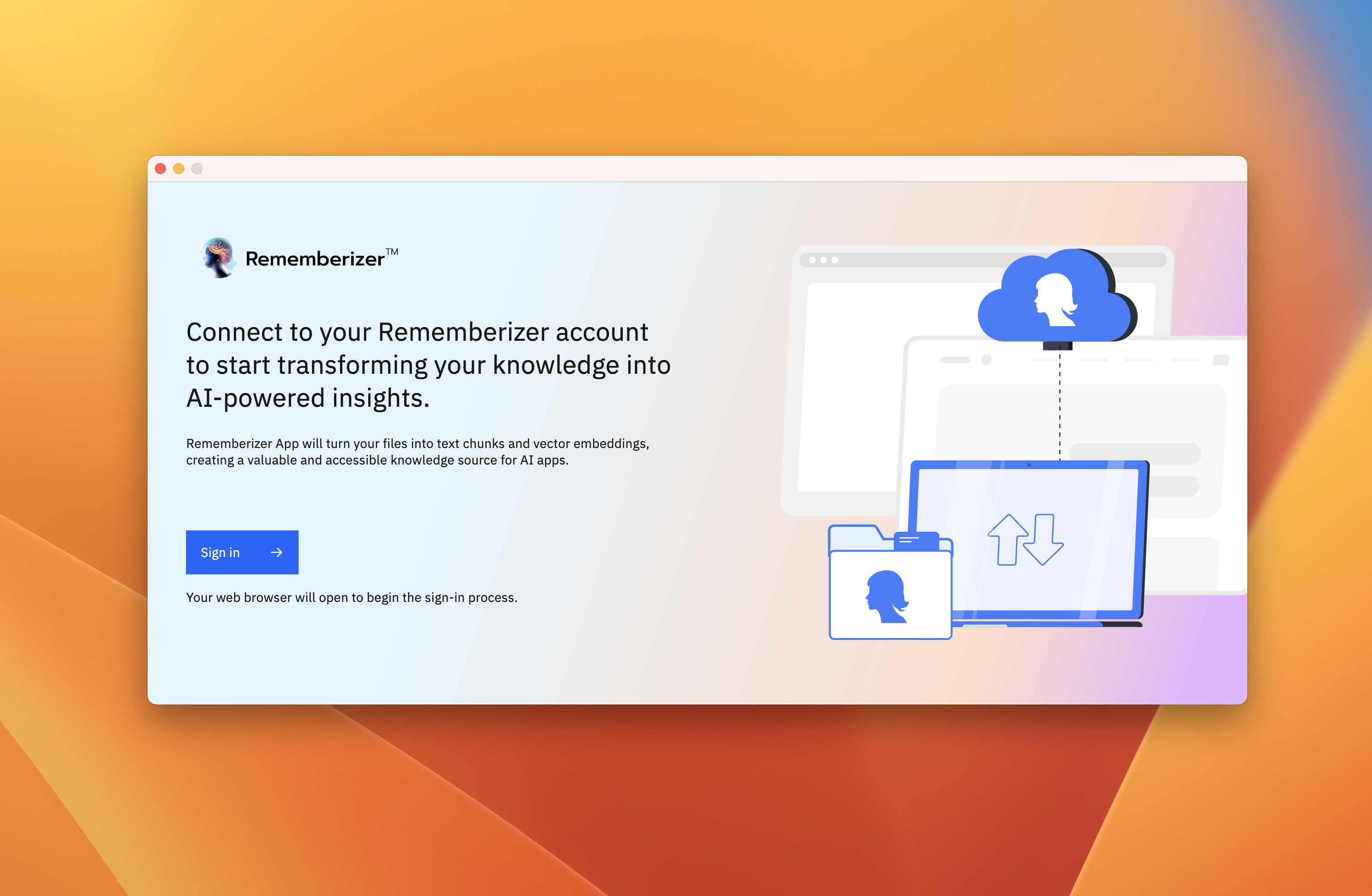 Écran de connexion de l'application Rememberizer