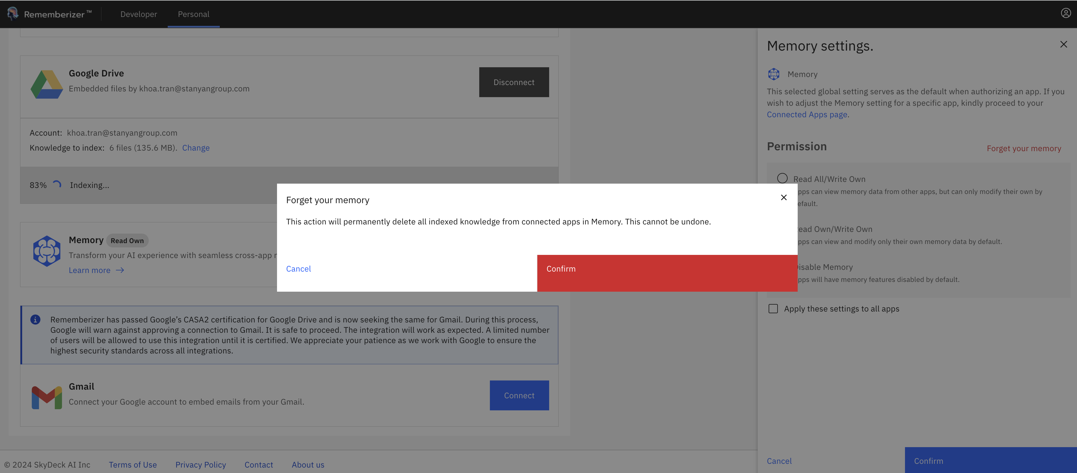 Modal de confirmation lors de l'oubli de la mémoire