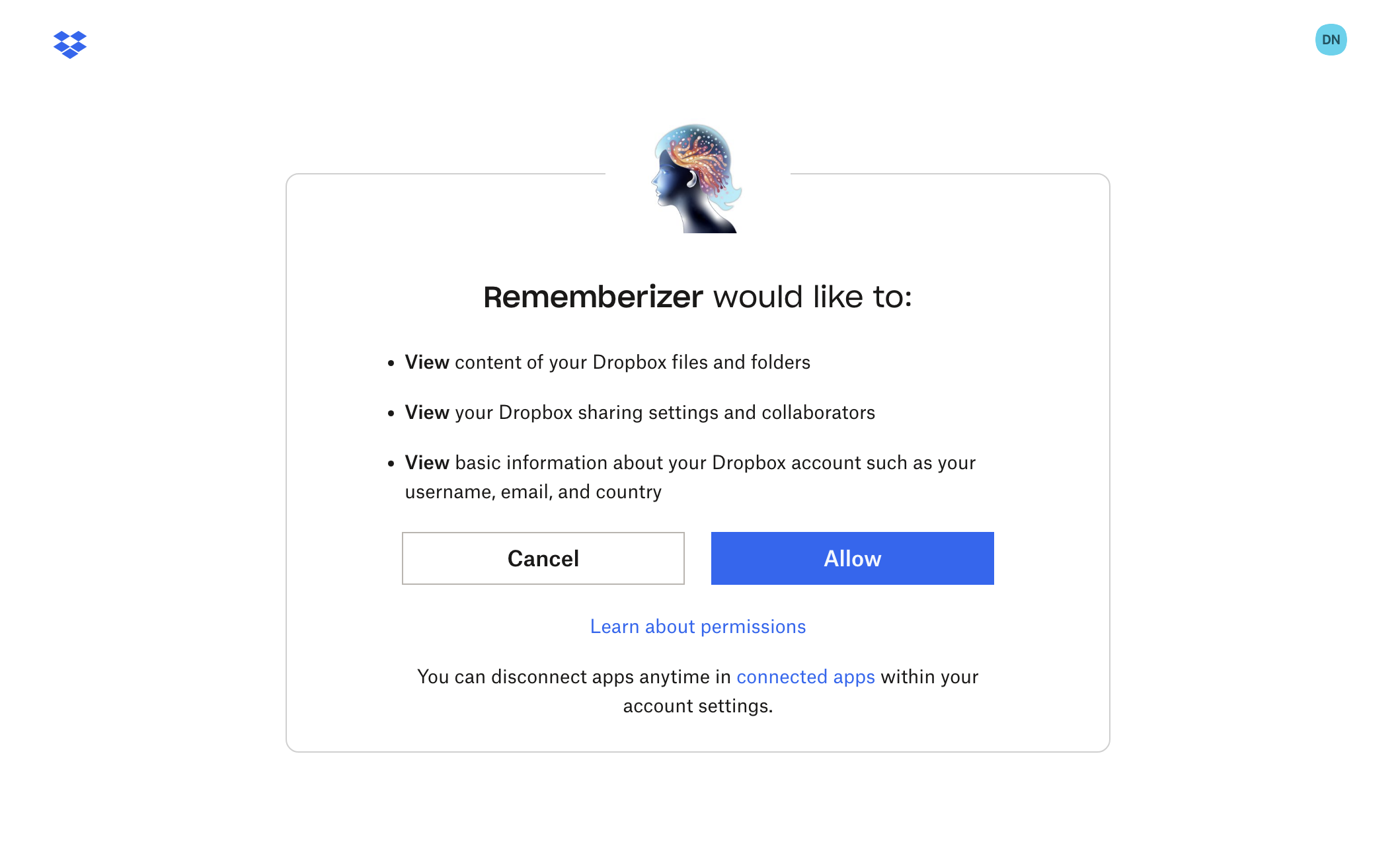 Écran d'autorisation OAuth de Dropbox