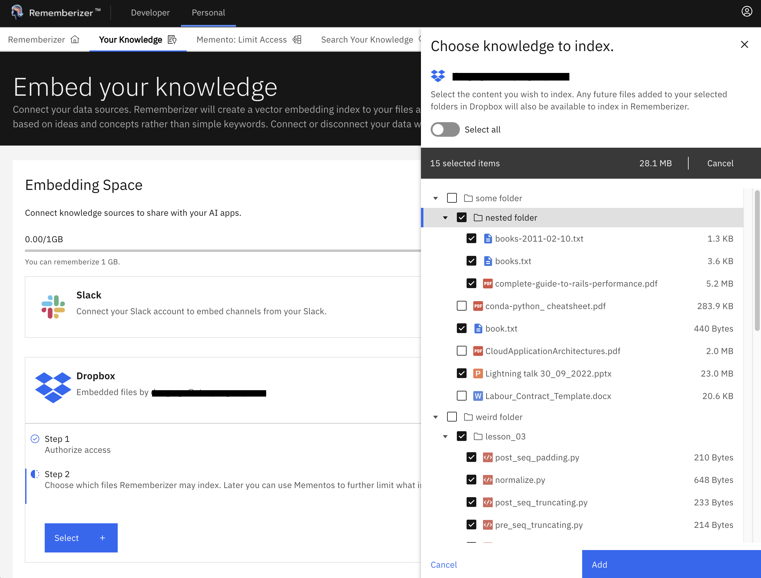 Panneau de sélection de fichiers Dropbox
