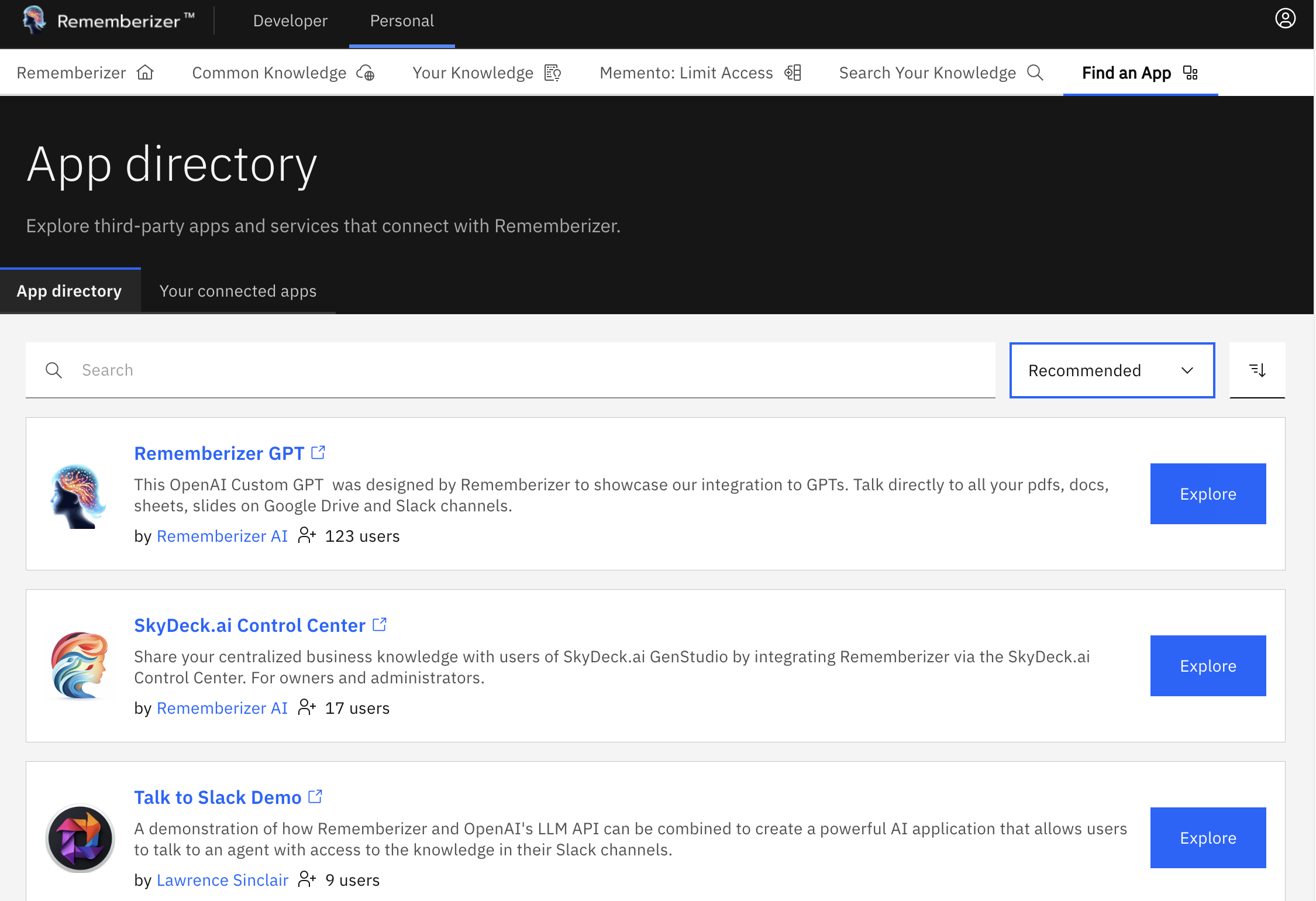 Page du Répertoire d'applications