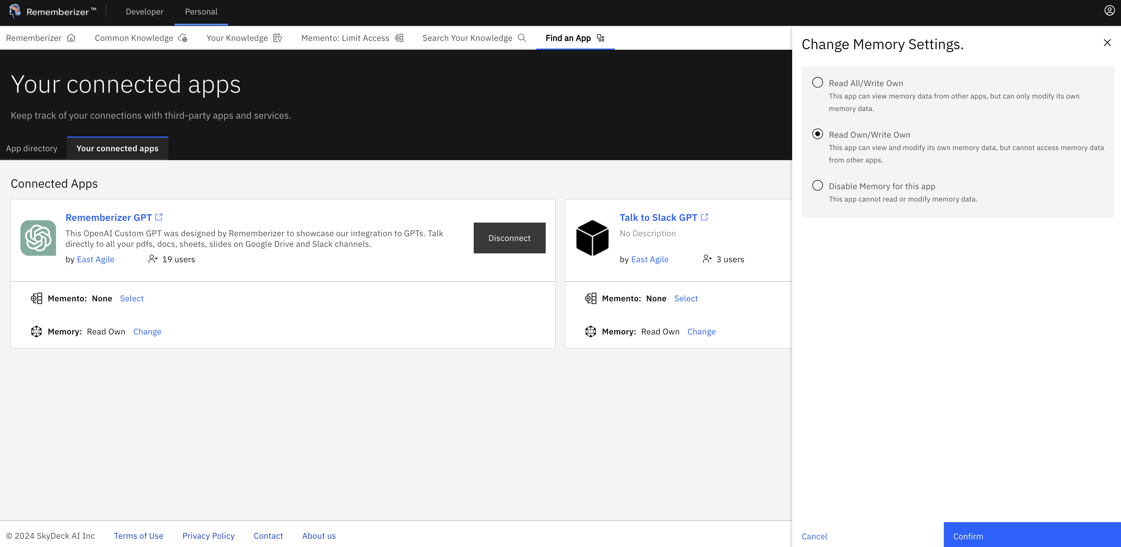 Configurer la mémoire pour chaque application dans la page des applications connectées